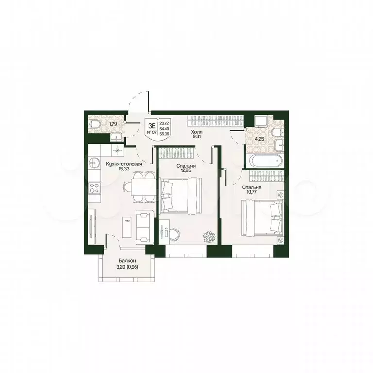 2-к. квартира, 55,4 м, 4/4 эт. - Фото 0