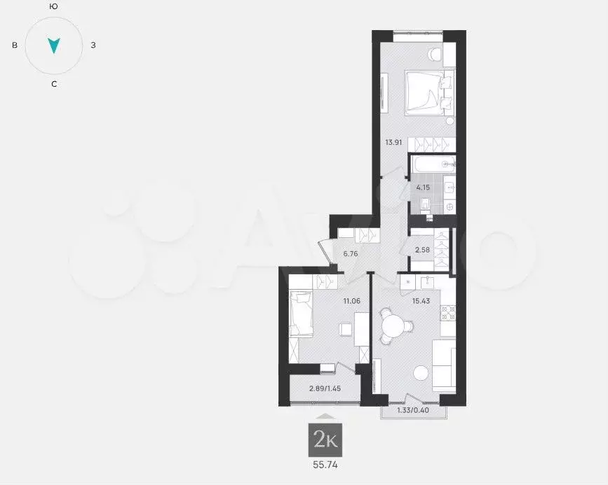 2-к. квартира, 55,7 м, 9/9 эт. - Фото 1