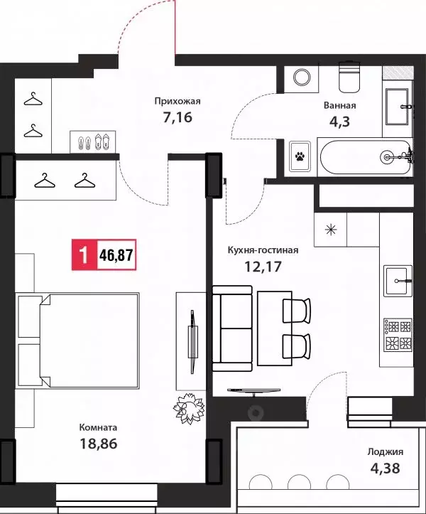 1-к кв. Тверская область, Тверь Брусилово мкр,  (46.87 м) - Фото 1