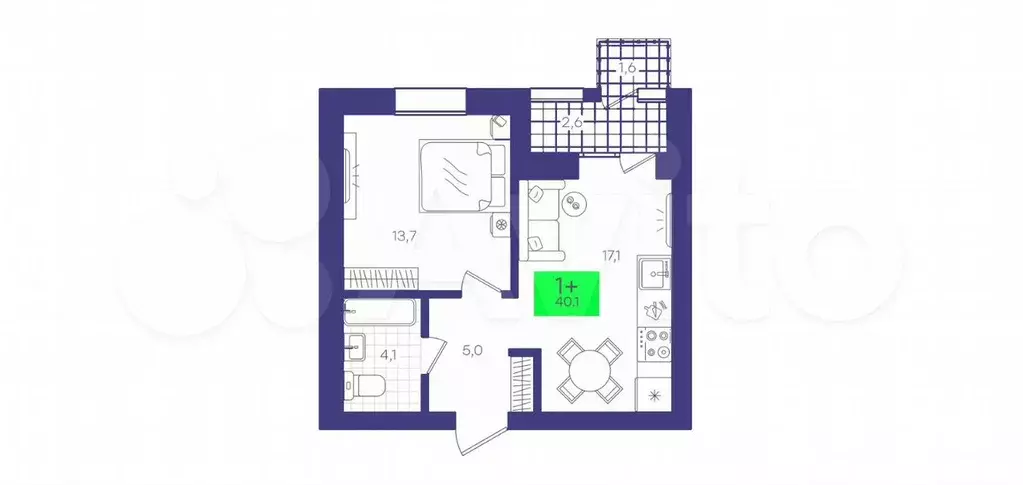 1-к. квартира, 40,1 м, 9/9 эт. - Фото 1