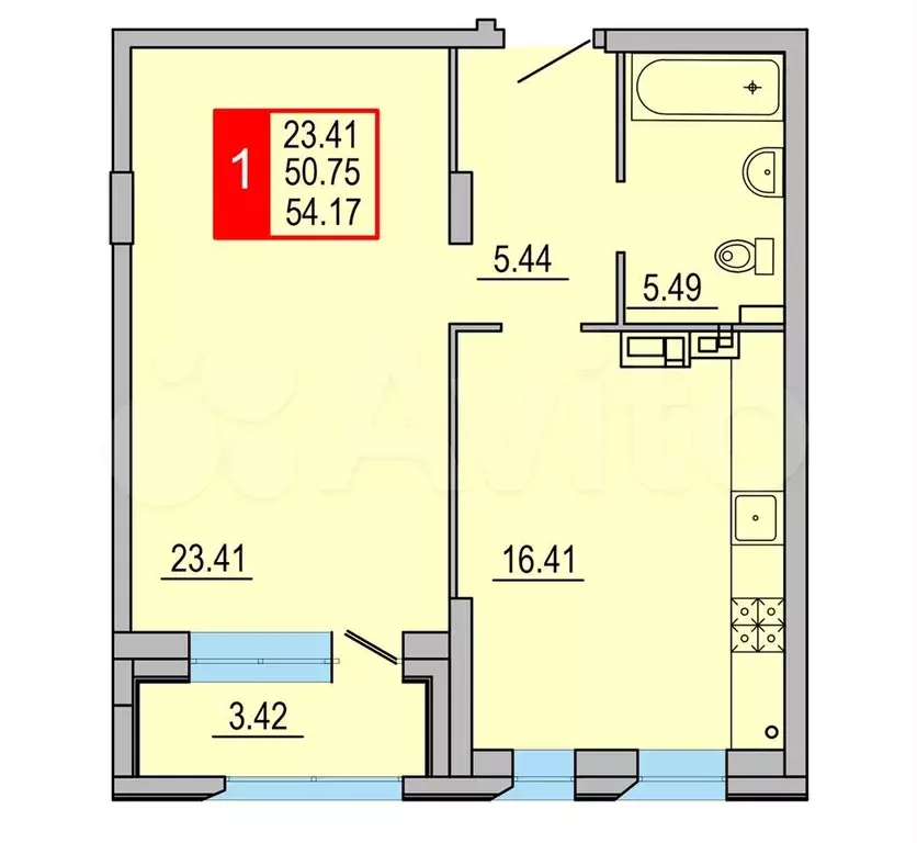 1-к. квартира, 54,2 м, 5/8 эт. - Фото 0