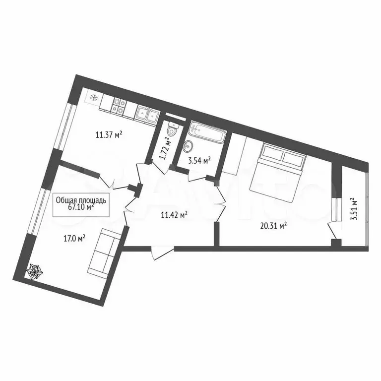 2-к. квартира, 67,1 м, 11/17 эт. - Фото 1