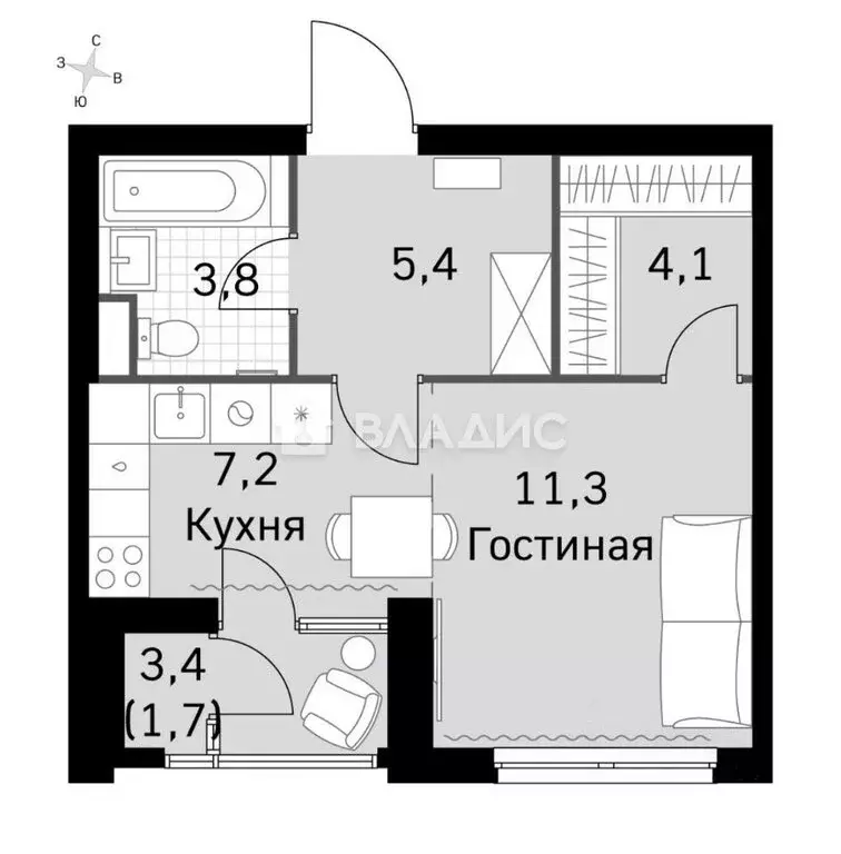 1-комнатная квартира: Москва, Строительный проезд, 9к1 (33.4 м) - Фото 1