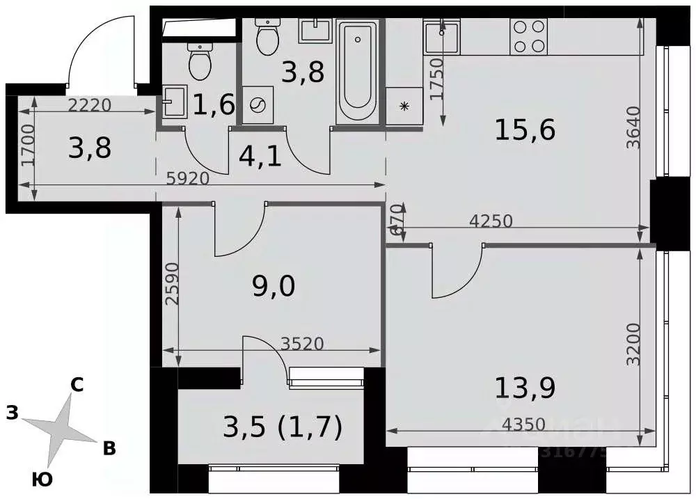 2-к кв. Москва Строительный проезд, 9к1 (53.5 м) - Фото 1