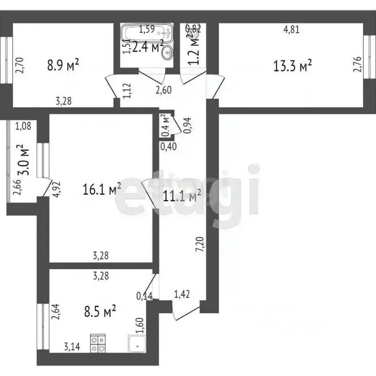 3-к кв. Башкортостан, Стерлитамак ул. Артема, 23 (62.1 м) - Фото 2