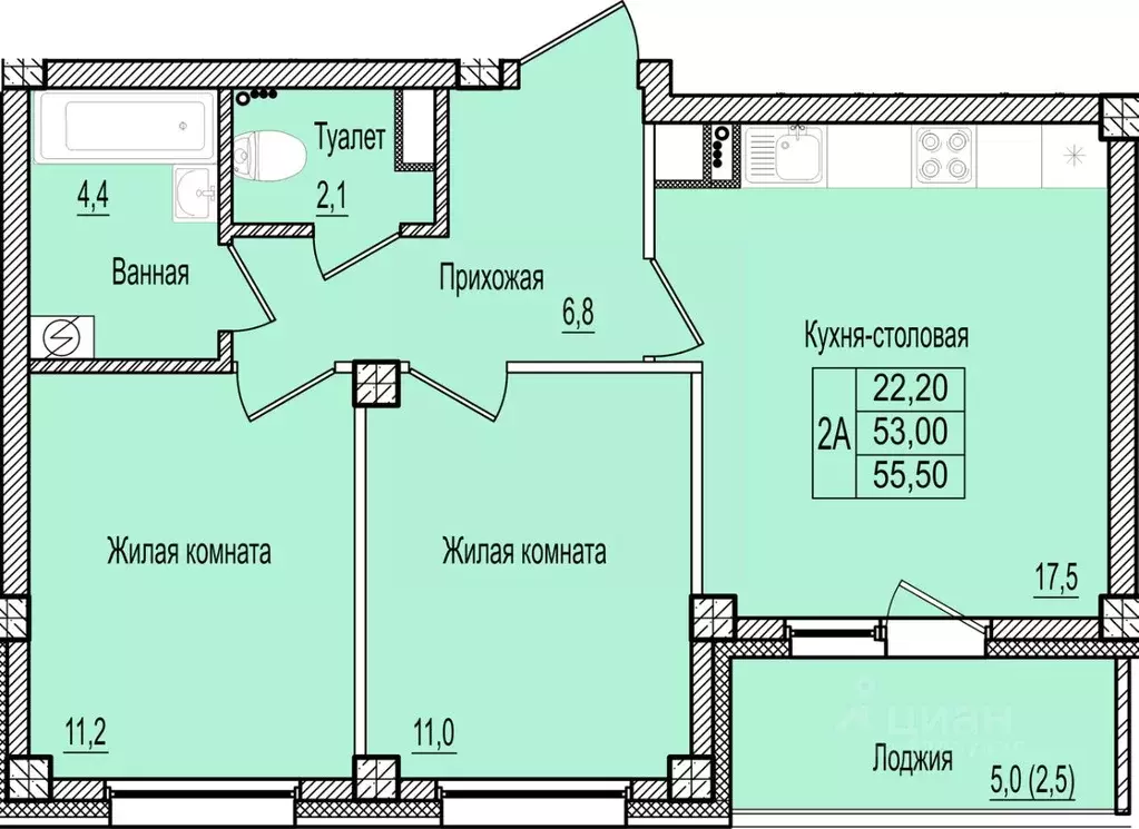 2-к кв. Псковская область, Псков Крестовский жилой комплекс (55.5 м) - Фото 1