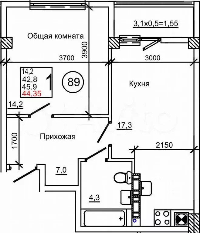 1-к. квартира, 44,4м, 4/9эт. - Фото 1