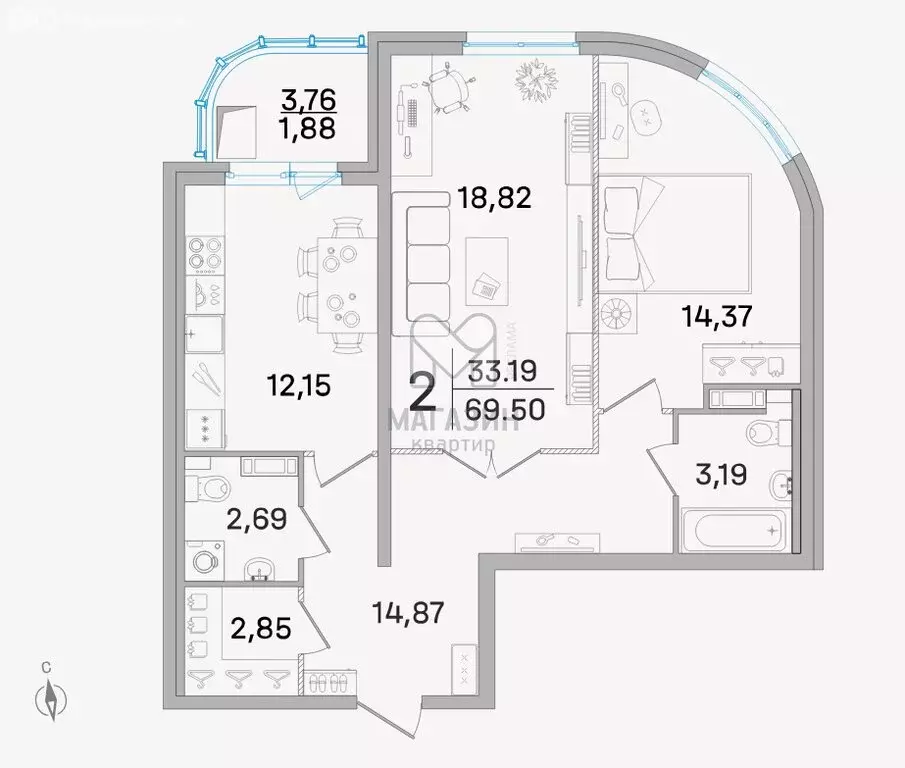 2-комнатная квартира: Королёв, улица Калинина, 11 (69 м) - Фото 0