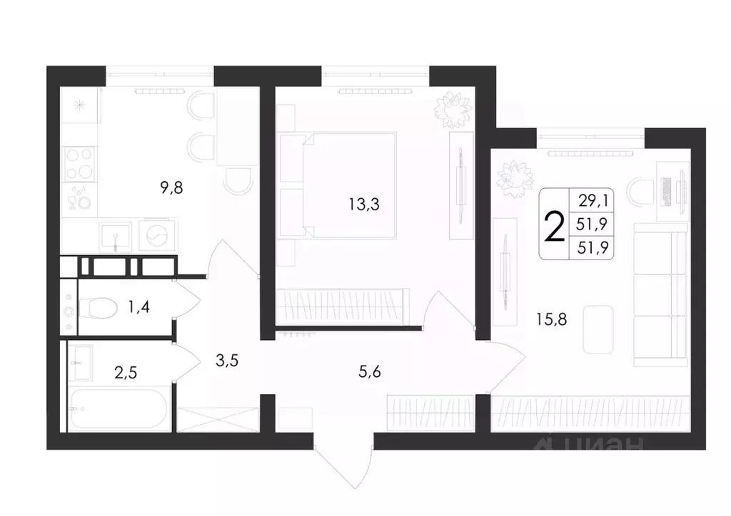 2-к кв. Воронежская область, Воронеж ул. Загоровского, 5/3 (51.9 м) - Фото 1