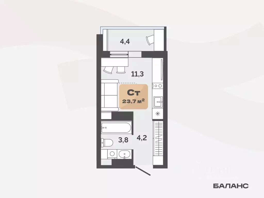 Студия Тюменская область, Тюмень ул. Республики, 204к20 (21.5 м) - Фото 0