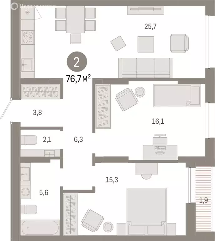 2-комнатная квартира: Тюмень, жилой комплекс Республики 205 (76.73 м) - Фото 0
