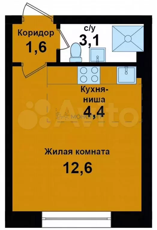 1-к. квартира, 21,7 м, 2/4 эт. - Фото 0