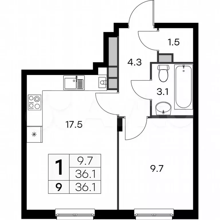 1-к. квартира, 36,1 м, 1/4 эт. - Фото 0