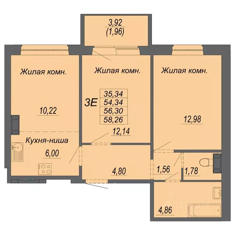 3-к кв. Хабаровский край, Хабаровск Южный мкр, ул. Рокоссовского (56.3 ... - Фото 1