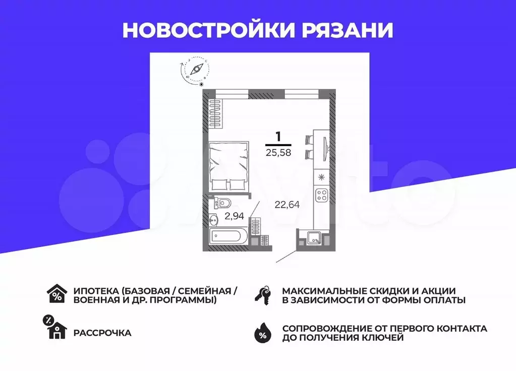 1-к. квартира, 25,6 м, 11/25 эт. - Фото 0
