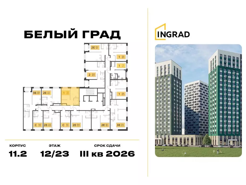 1-к кв. Московская область, Мытищи Белый Grad жилой комплекс (33.1 м) - Фото 1