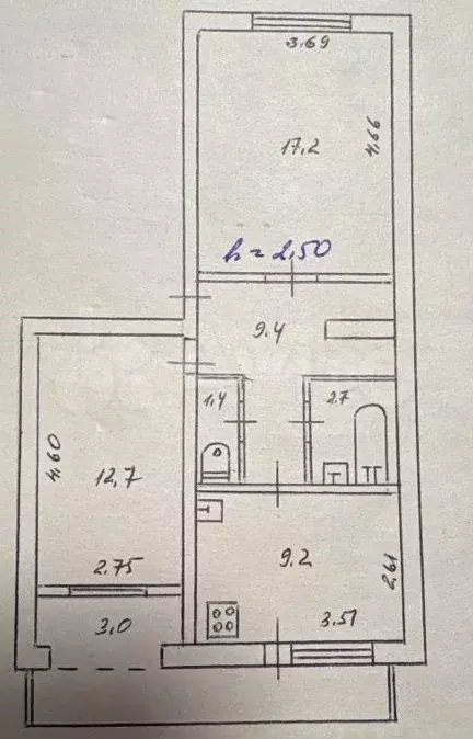 2-к. квартира, 55,6 м, 4/4 эт. - Фото 0