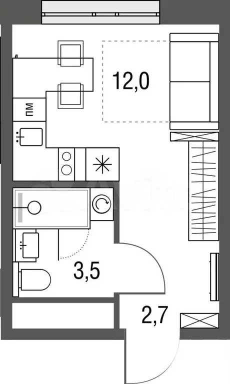 Квартира-студия, 18,2м, 12/25эт. - Фото 0