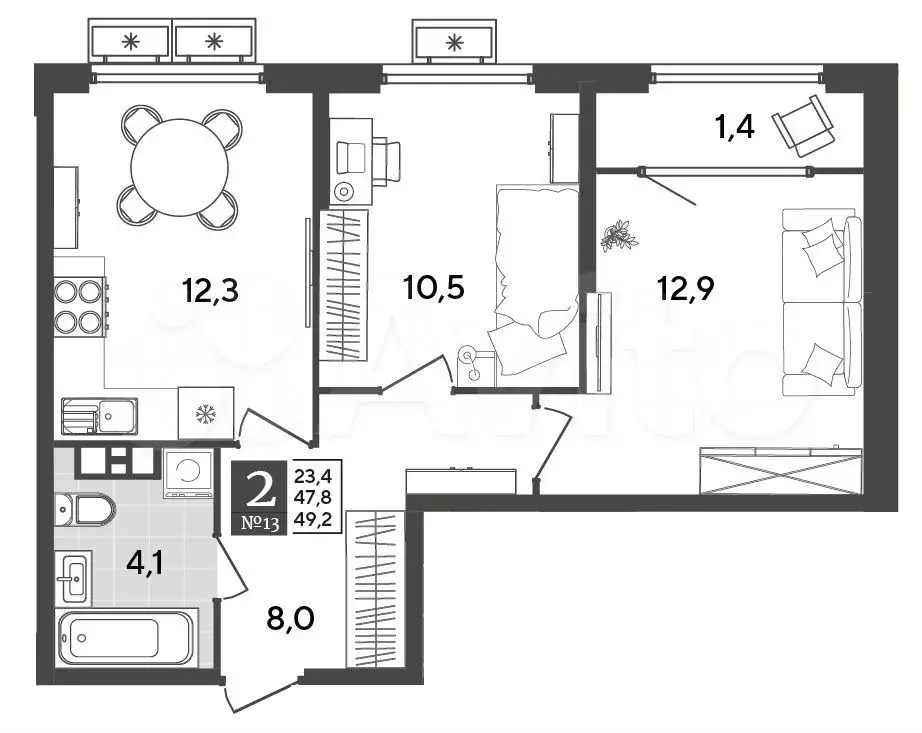 2-к. квартира, 49,2 м, 4/9 эт. - Фото 1