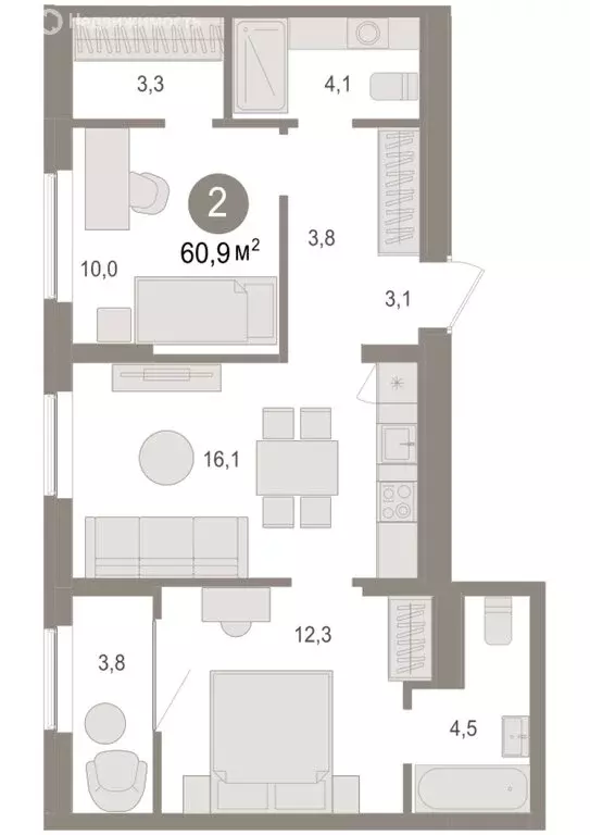 2-комнатная квартира: Новосибирский район, рабочий посёлок Краснообск, ... - Фото 1