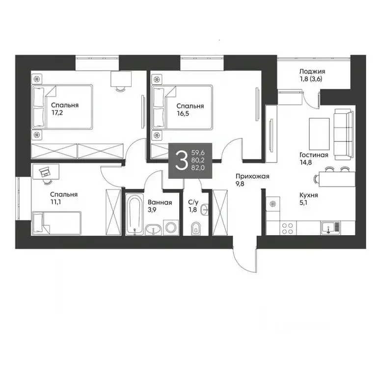 3-к кв. Татарстан, Альметьевск ул. Гафиатуллина, 60 (82.0 м) - Фото 0