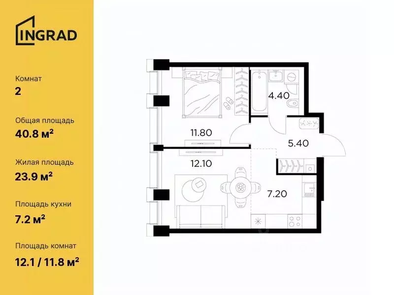 2-к кв. Москва Инджой жилой комплекс (40.8 м) - Фото 0