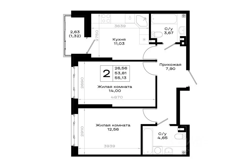 2-к кв. Ростовская область, Ростов-на-Дону Нефтекачка кв-л,  (55.13 м) - Фото 1