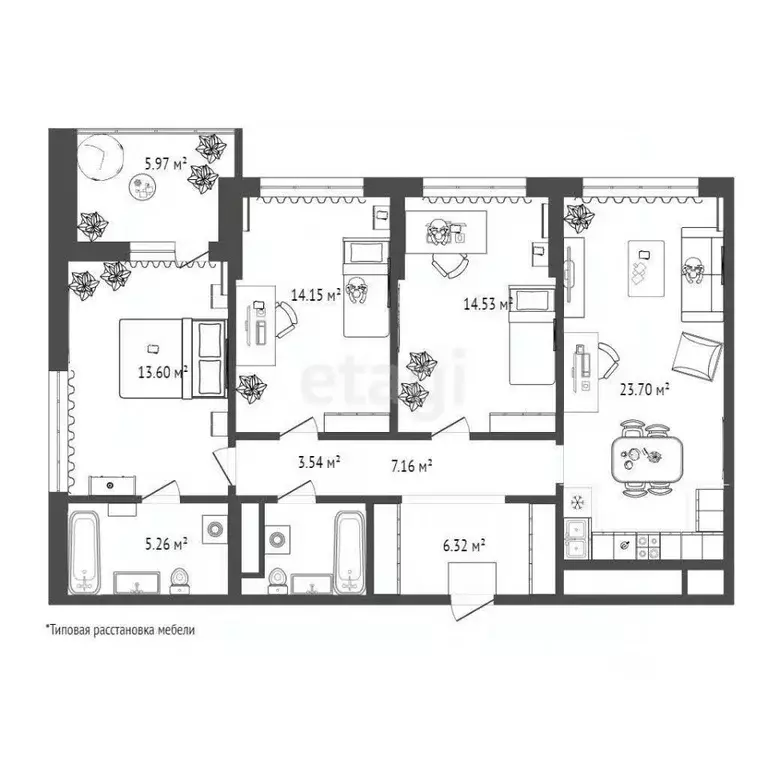 3-к кв. Тюменская область, Тюмень ул. Пожарных и Спасателей, 14 (88.5 ... - Фото 1