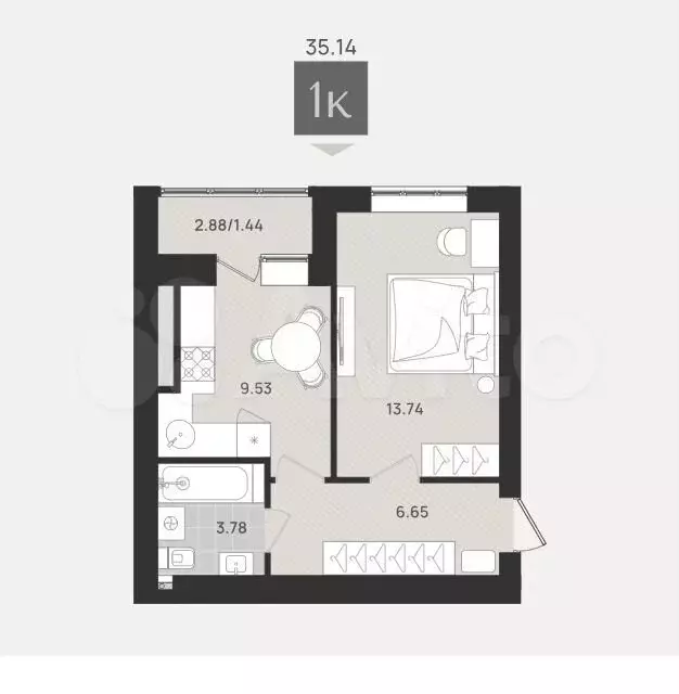 1-к. квартира, 35,1 м, 5/9 эт. - Фото 1