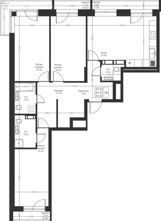 3-комнатная квартира: Казань, ЖК Мой Ритм (97.92 м) - Фото 1