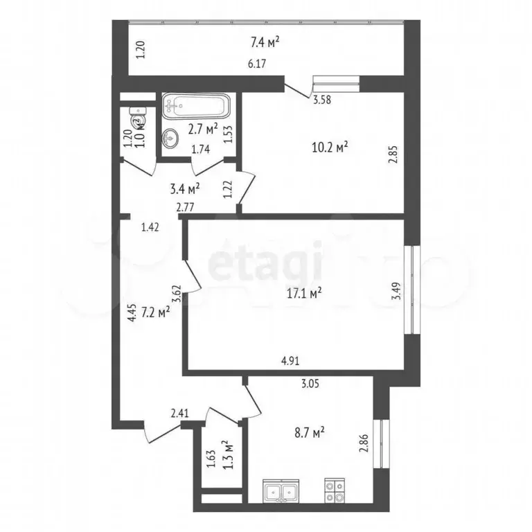 2-к. квартира, 51,6 м, 1/9 эт. - Фото 1