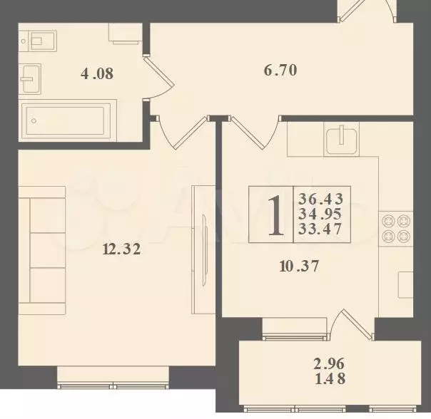 1-к. квартира, 36,4 м, 4/4 эт. - Фото 1