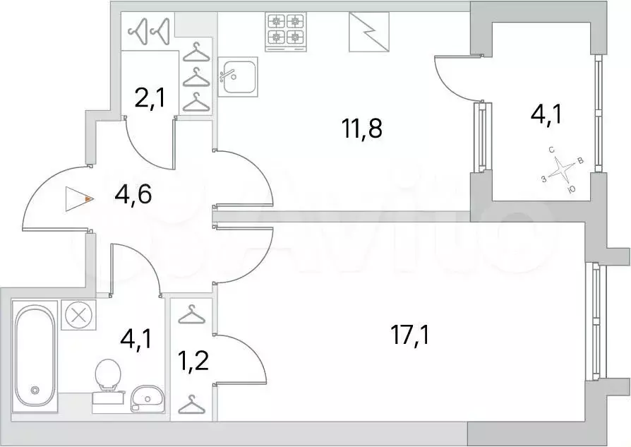 1-к. квартира, 44,6 м, 1/5 эт. - Фото 1