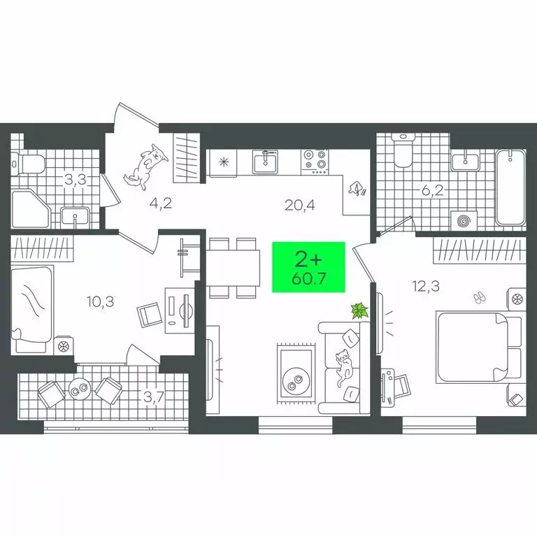 2-комнатная квартира: Тюмень, улица Василия Малкова, 3 (60.7 м) - Фото 2
