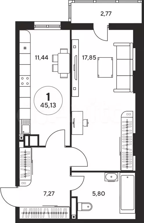 1-к. квартира, 45,1 м, 15/25 эт. - Фото 1