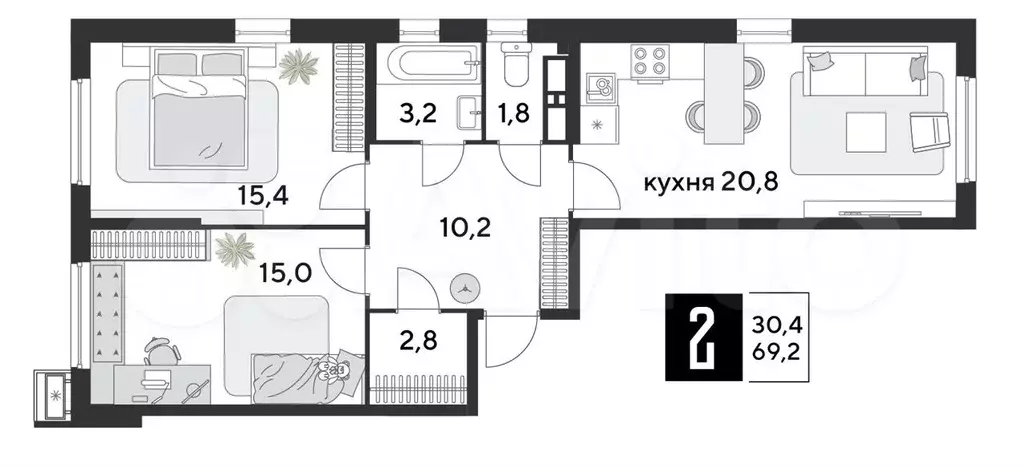 2-к. квартира, 69,2 м, 11/18 эт. - Фото 1