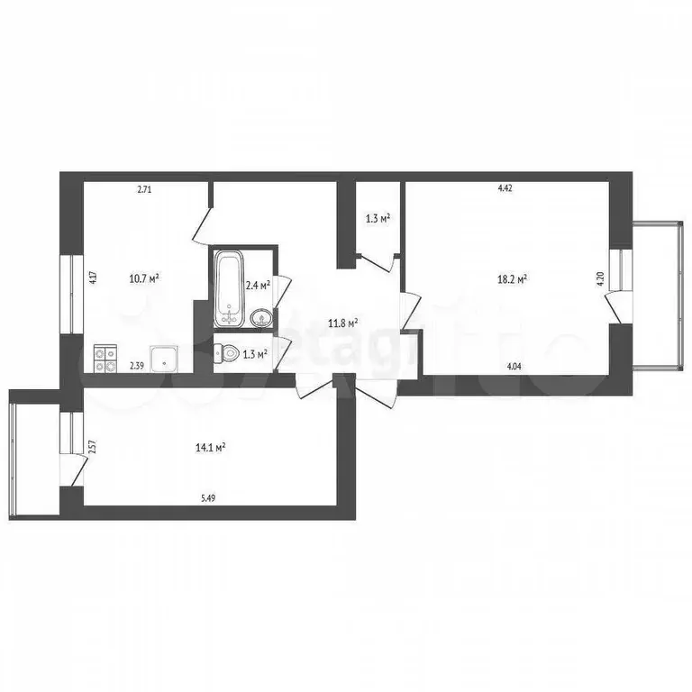 2-к. квартира, 59,9 м, 5/6 эт. - Фото 0