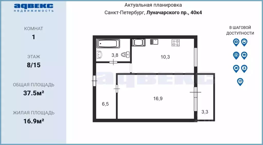 1-к кв. Санкт-Петербург просп. Луначарского, 40К4 (37.5 м) - Фото 1