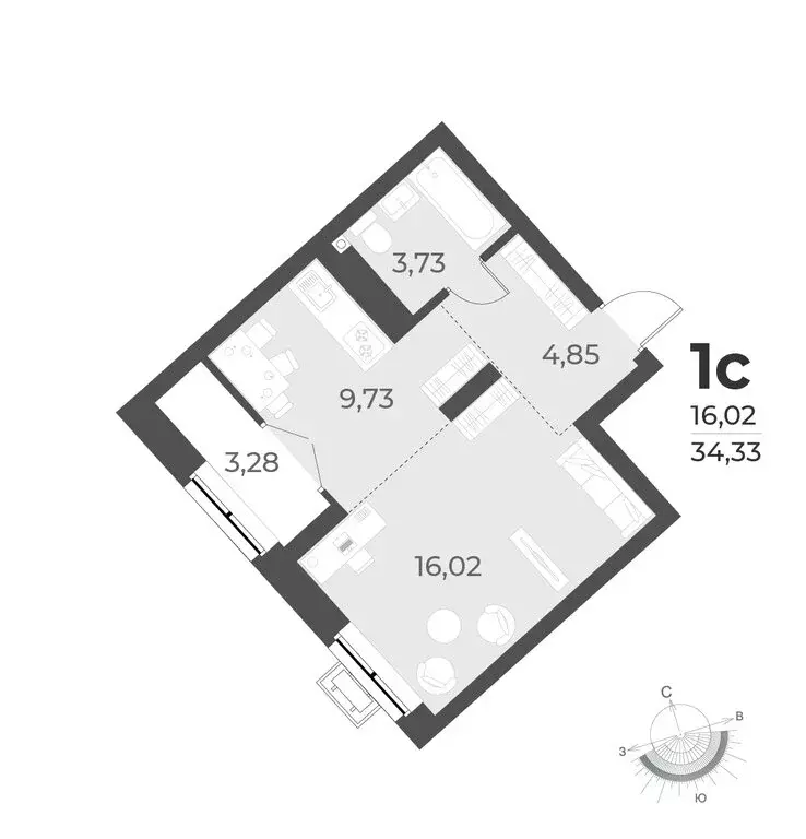 Квартира-студия: Новосибирск, улица Лобачевского, 53/2 (34.3 м) - Фото 0