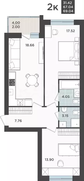 2-к. квартира, 67 м, 5/9 эт. - Фото 0