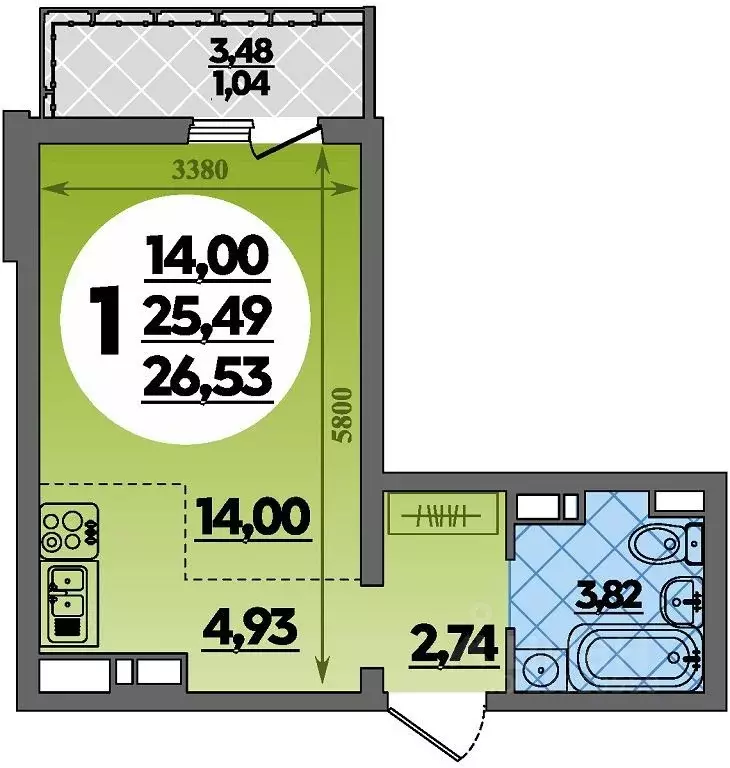 Студия Адыгея, Майкоп  (26.53 м) - Фото 1