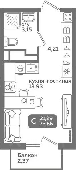Студия Тюменская область, Тюмень ул. Заполярная, 9/2 (21.29 м) - Фото 0