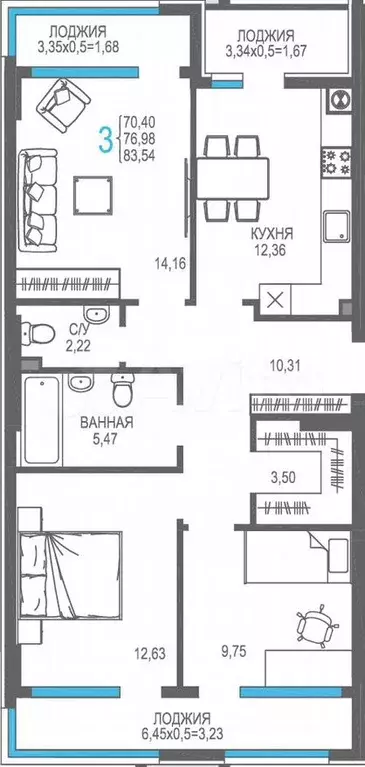 3-к. квартира, 77м, 1/8эт. - Фото 0