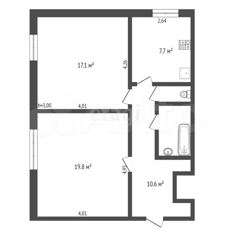 2-к. квартира, 59,7 м, 1/2 эт. - Фото 0