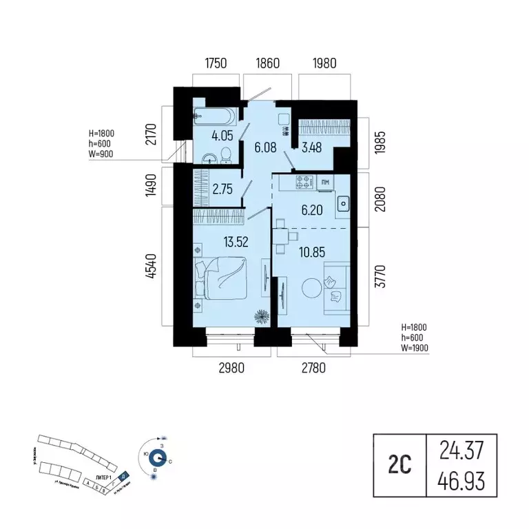 2-к кв. Башкортостан, Уфа Глумилино-1 мкр, Новатор жилой комплекс ... - Фото 1