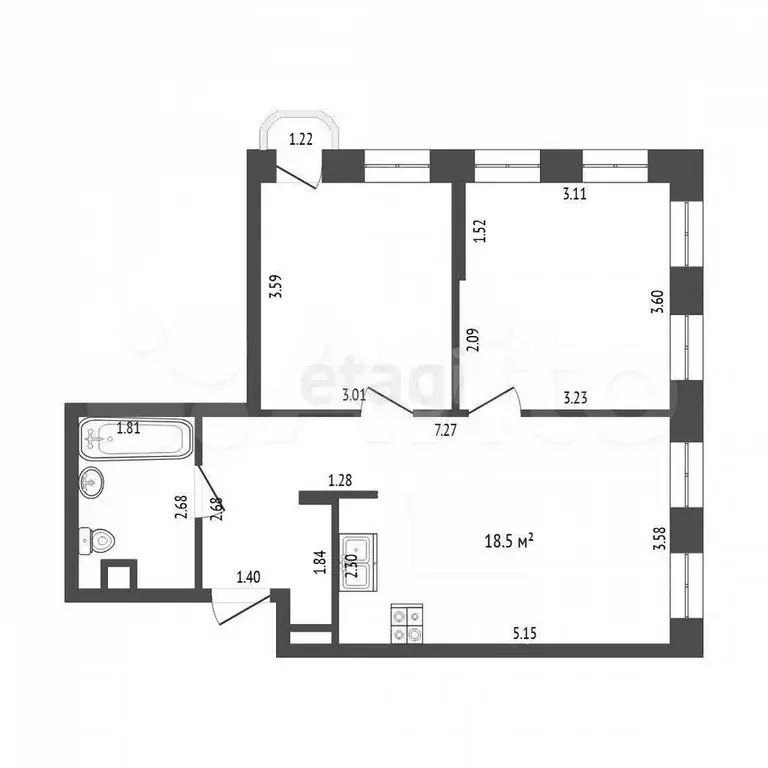 2-к. квартира, 50,5 м, 2/9 эт. - Фото 0