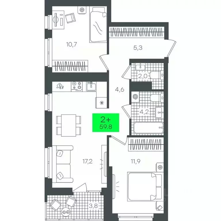 2-к кв. Тюменская область, Тюмень ул. Василия Малкова, 19 (59.85 м) - Фото 0