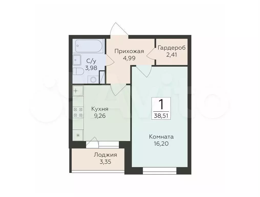 1-к. квартира, 38,5 м, 9/18 эт. - Фото 0