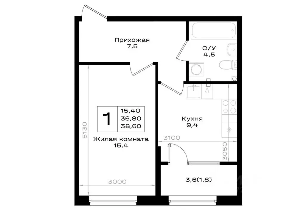 1-к кв. Ростовская область, Аксай 7-я линия (38.6 м) - Фото 1
