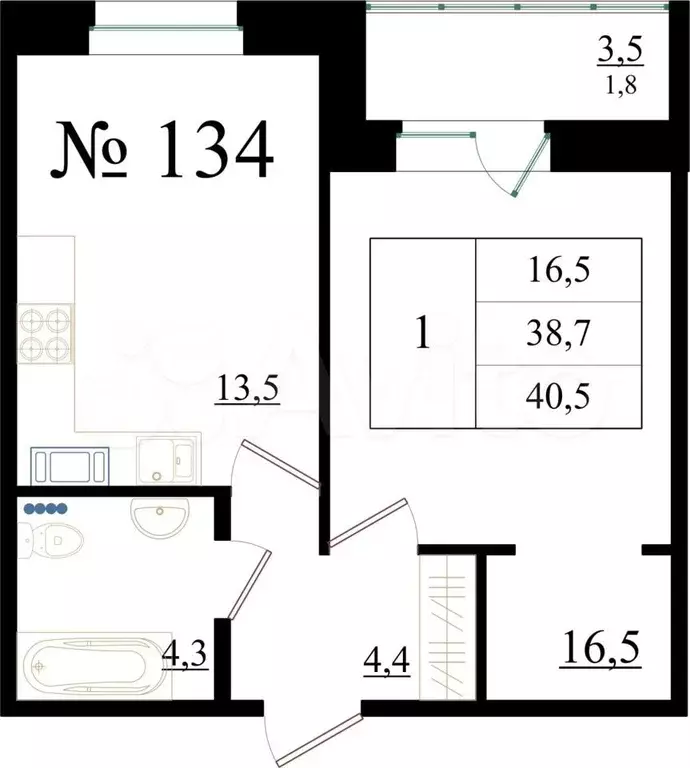 1-к. квартира, 40,5м, 8/8эт. - Фото 0